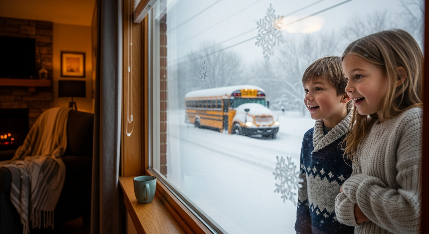 Children watching snow fall outside school